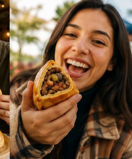 A customer laughing while biting into a Quesaltena salteña outdoors