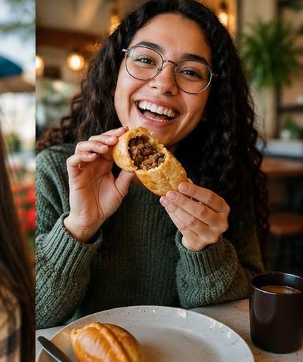 A customer smiling while eating a Quesaltena salteña at a café table