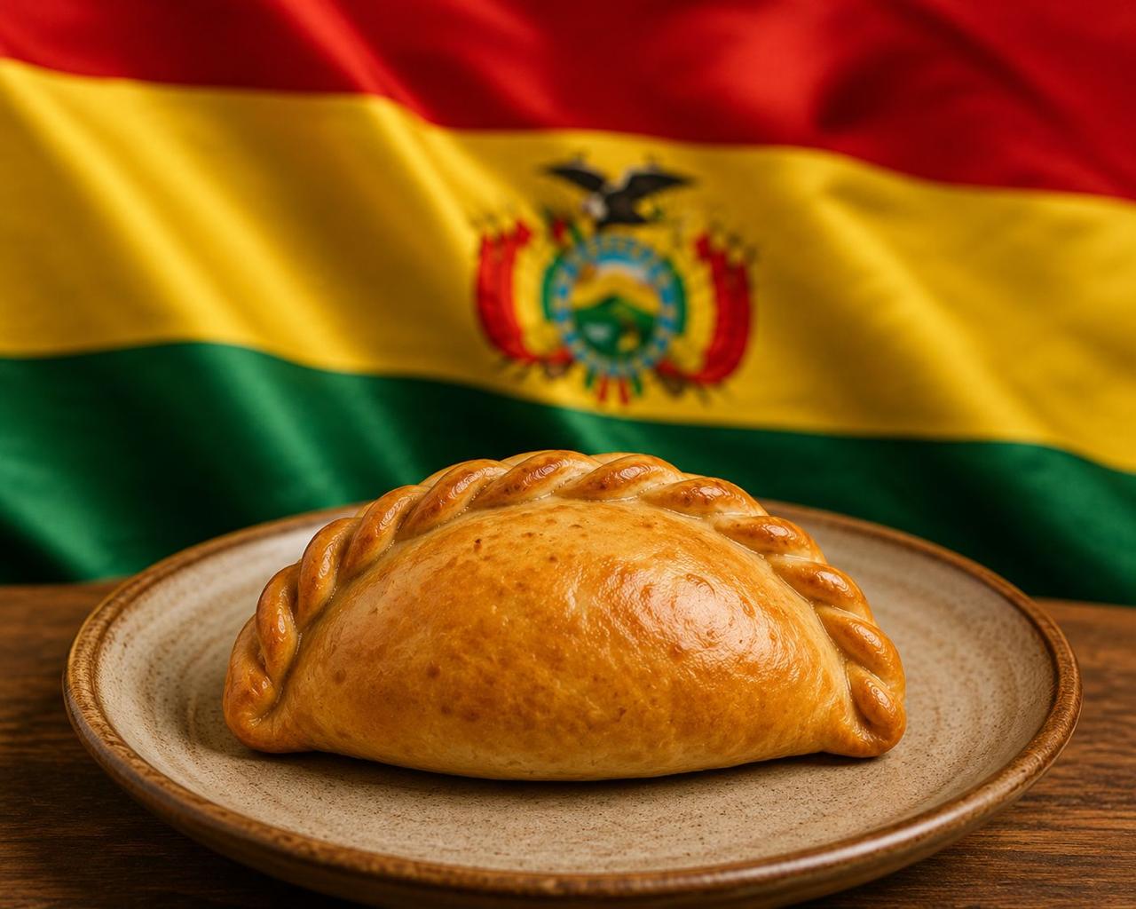 A golden-baked Quesaltena salteña plated in front of the Bolivian flag