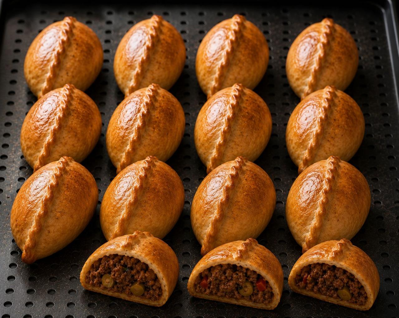 Tray of Carne protein salteñas, one sliced open showing beef and olive filling