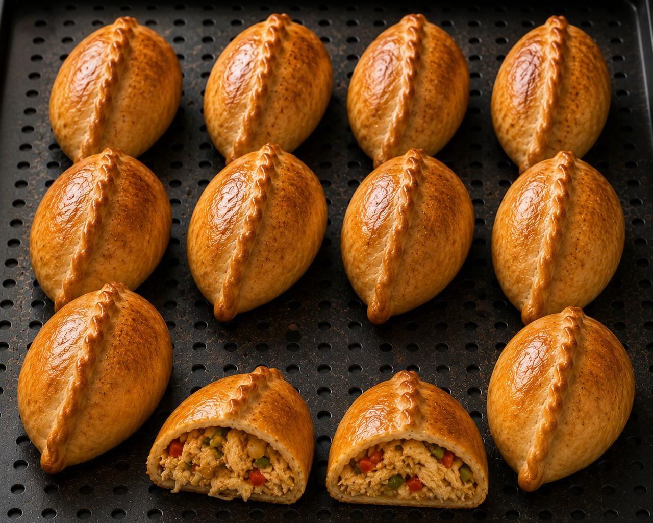 Tray of Pollo protein salteñas, one sliced open showing shredded chicken filling